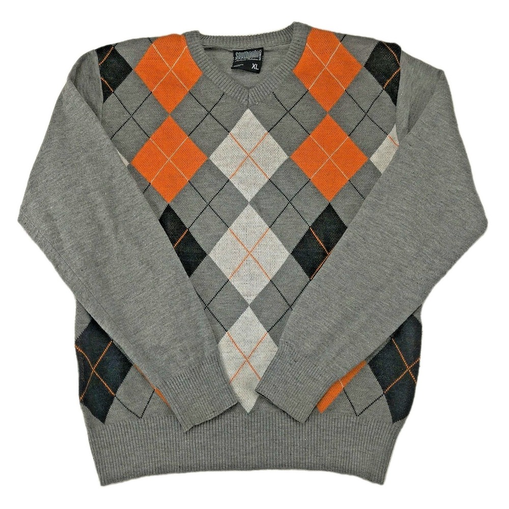 Southpole Mens XL Argyle V-Neck Sweater Gray Orange Black Acrylic Y2K Streetwear